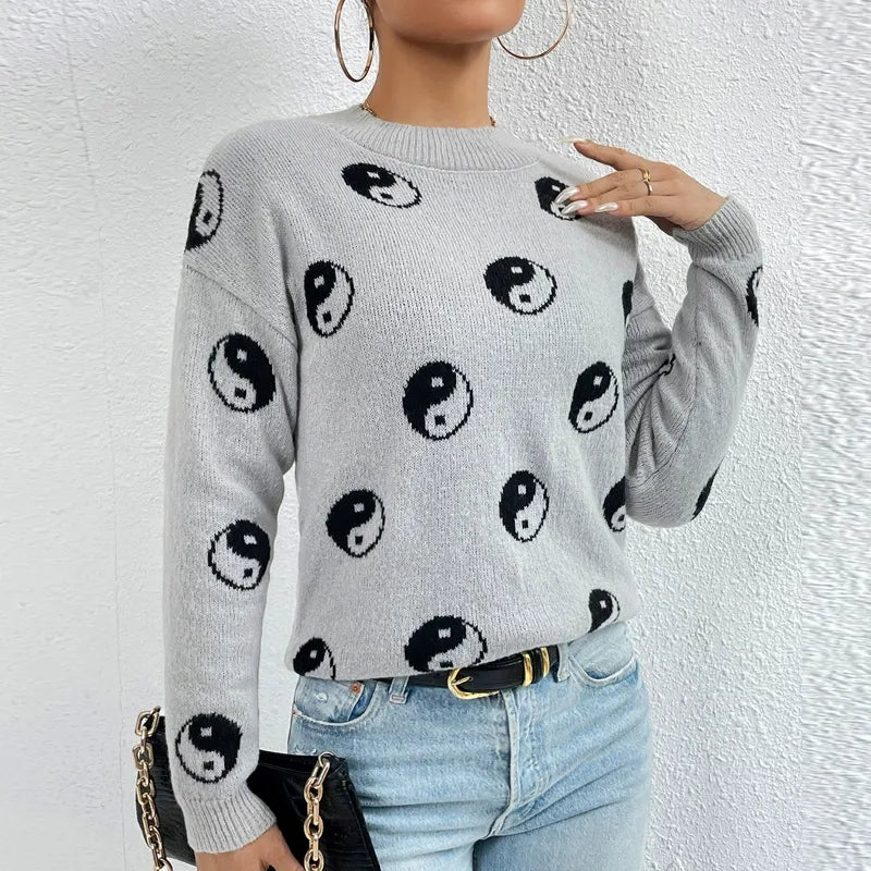 Women’s Pullover Sweatshirt – Relaxed Fit – Jacquard Knit – Round Neck – Long Sleeve