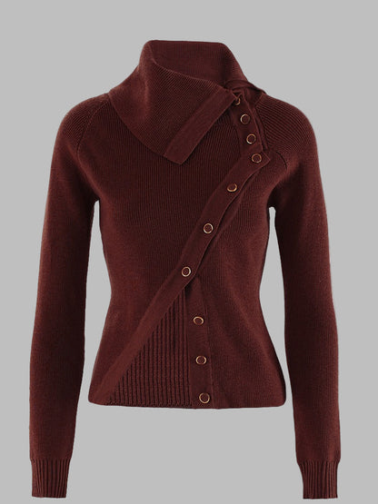 Women’s Knitwear Top – Slim Fit – Ribbed Stretch Fabric – Asymmetrical Button Detail