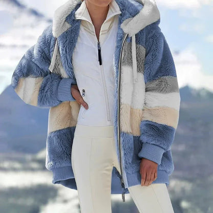 Women’s Hooded Jacket – Oversized Fit – Plush Faux Fur – Zip Front – Ribbed Cuffs