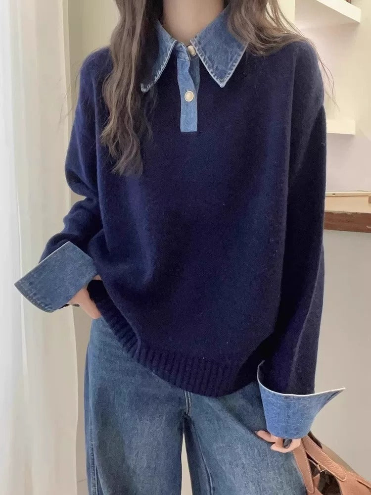 Wool Relaxed Fit Denim Collar Sweater
