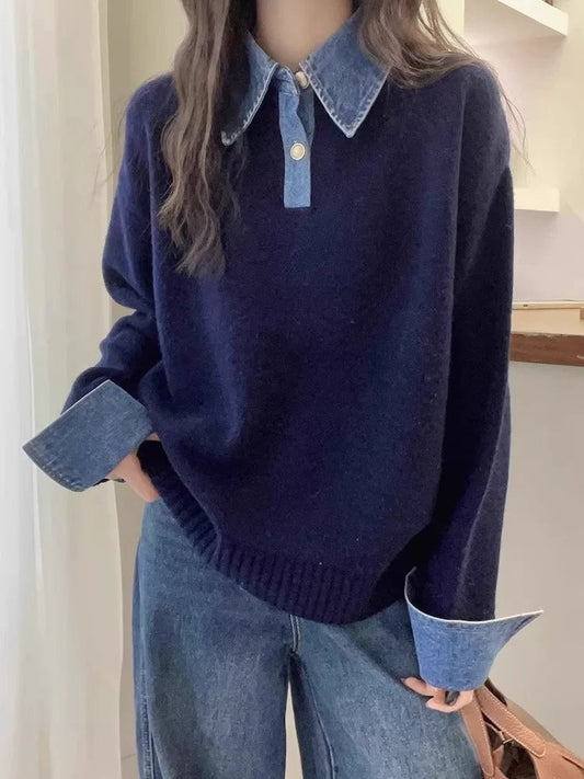 Wool Relaxed Fit Denim Collar Sweater