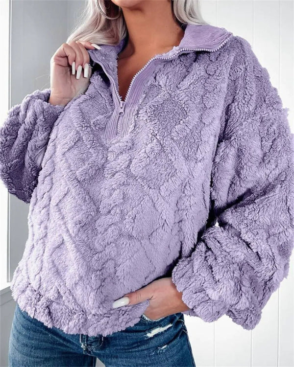 Women’s Pullover Sweatshirt – Oversized Fit – Quilted Fleece – Half Zip Stand Collar