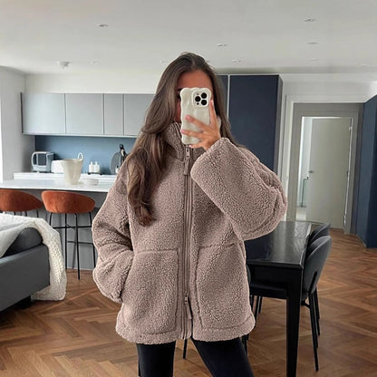 Women’s Plush Jacket – Oversized Relaxed Fit – High Turtleneck – Full Zip Casual Layer