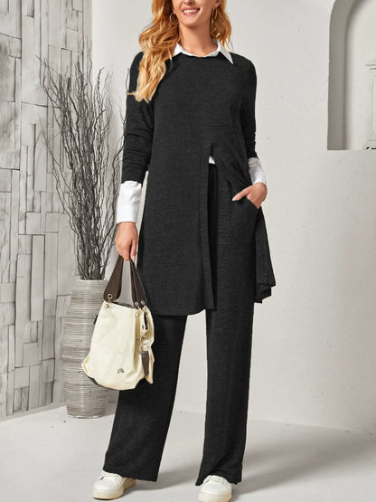 Women’s Two Piece Suit – Soft Knit – Long Slit Top – Relaxed Straight Leg Trousers