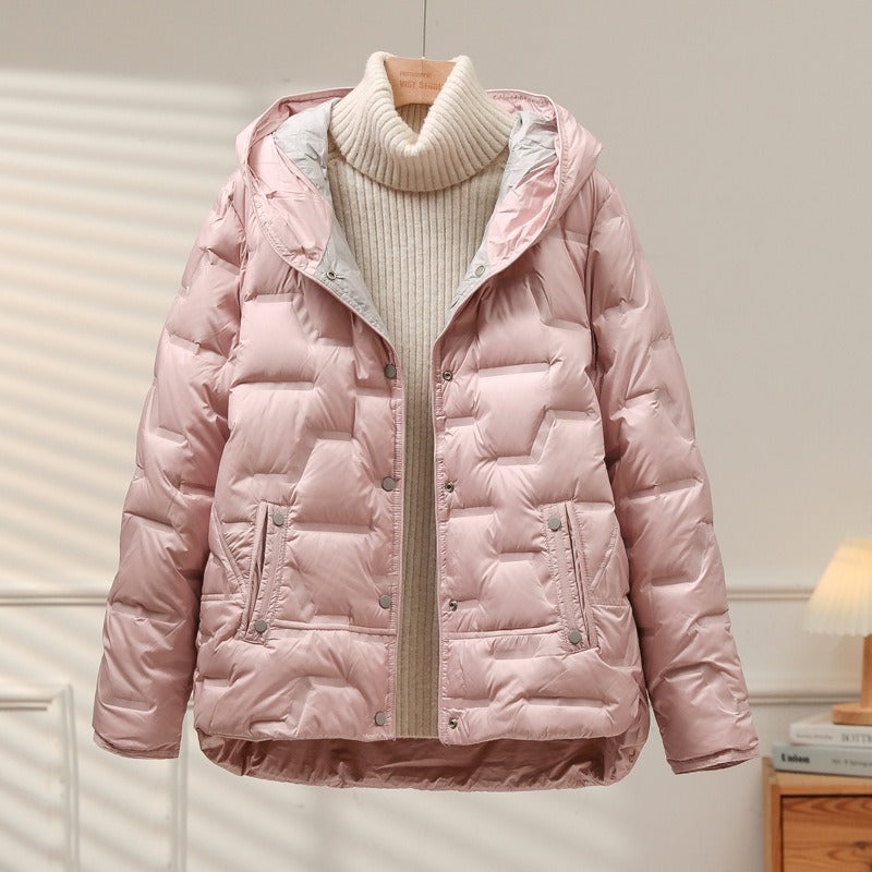 Women’s Down Jacket – Relaxed Fit – Quilted Puff – Hooded – Snap Closure – Mid Length