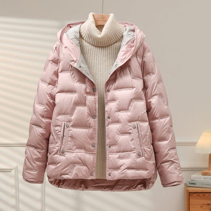 Women’s Down Jacket – Relaxed Fit – Quilted Puff – Hooded – Snap Closure – Mid Length