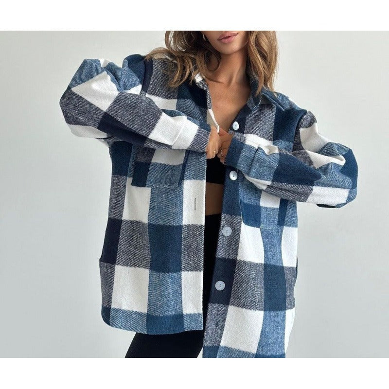 Women’s Jacket – Oversized Fit – Plaid Pattern – Button-Up Front – Soft Woven Fabric