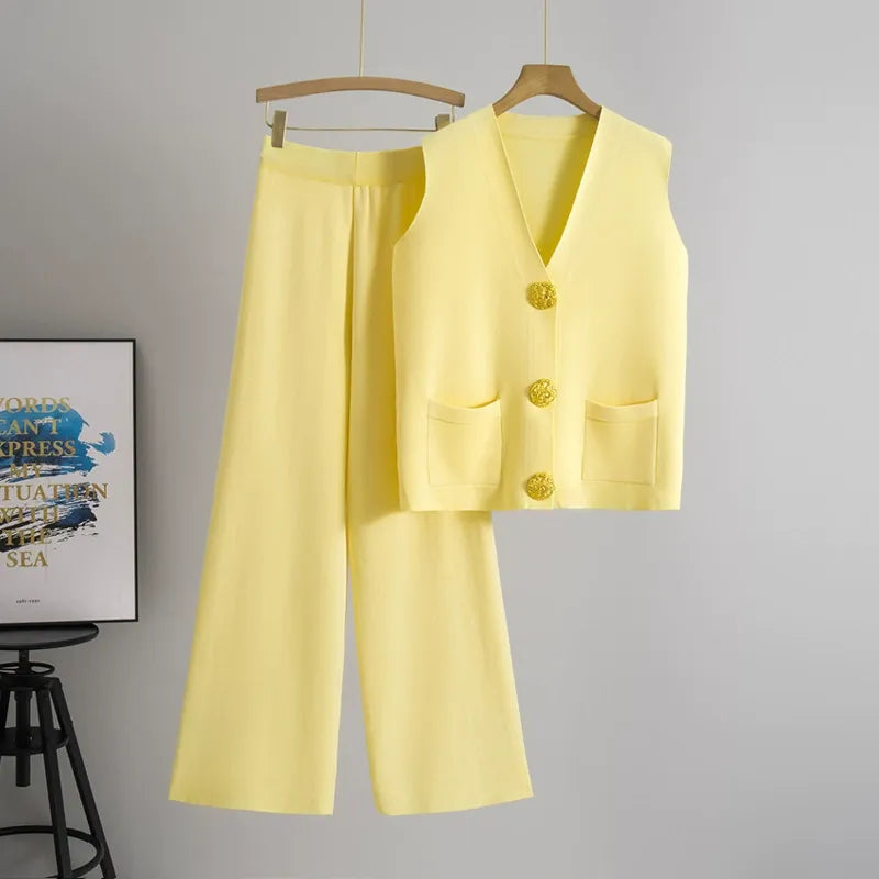 Knitted Wide-Leg Two-Piece Set With Pockets 