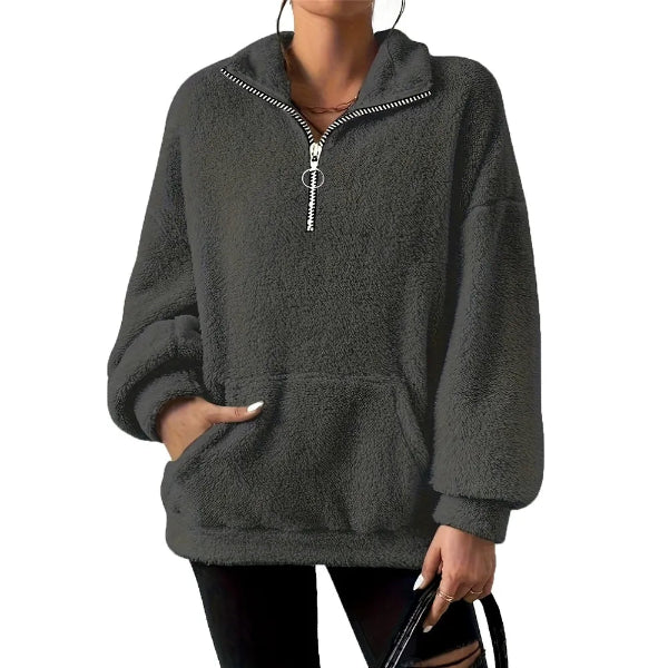 Women’s Fleece Sweatshirt – Oversized Fit – Half Zip – Stand Collar – Kangaroo Pocket