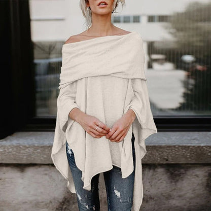 Women’s Long Sleeve Top – Off Shoulder – Relaxed Fit – Knitted Fabric – Asymmetrical Hem