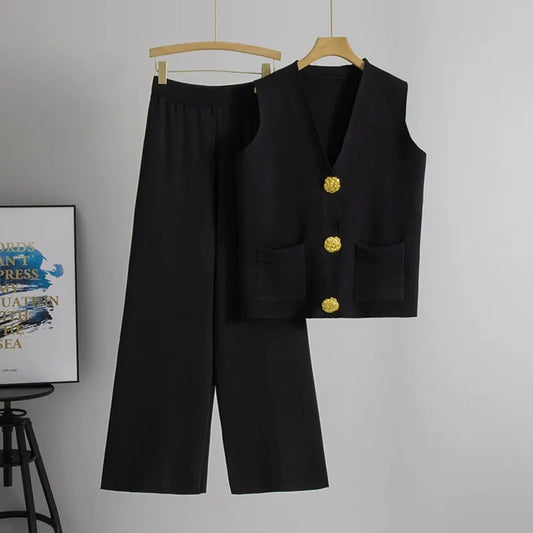 Knitted Wide-Leg Two-Piece Set With Pockets 