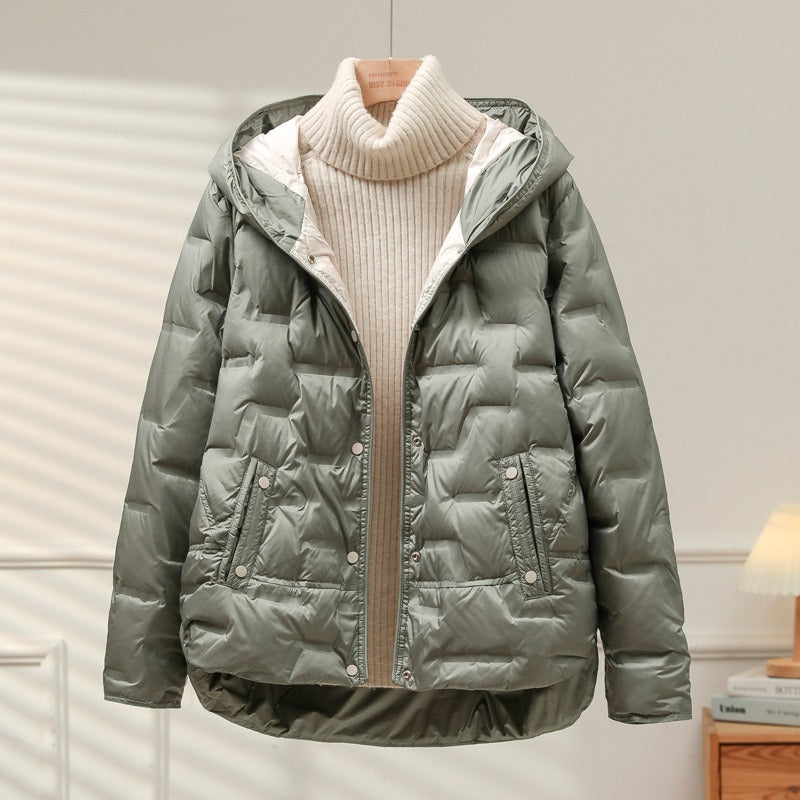 Women’s Down Jacket – Relaxed Fit – Quilted Puff – Hooded – Snap Closure – Mid Length