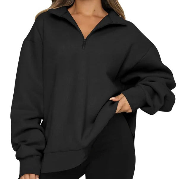 Women’s Oversized Sweatshirt – Cotton – High Collar – Short Zip – Relaxed Fit