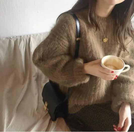 Mohair Blend Oversized Ribbed Knit Sweater 