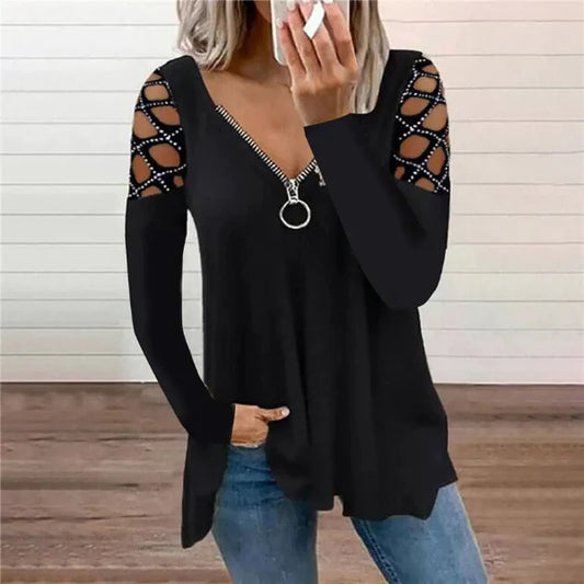 Rhinestone Sleeve Cut-Outs Relaxed Fit Casual Top 
