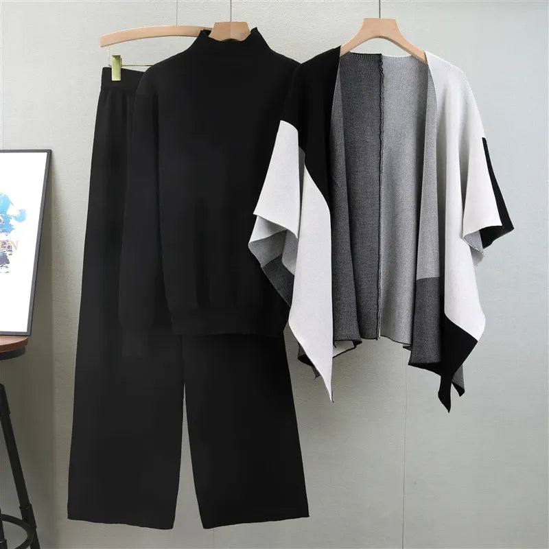 Women’s Knitted Three-Piece Set – Mock Neck Sweater – Wide-Leg Pants – Cape Layer
