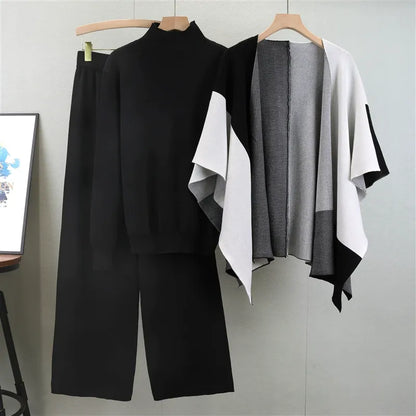 Women’s Knitted Three-Piece Set – Mock Neck Sweater – Wide-Leg Pants – Cape Layer