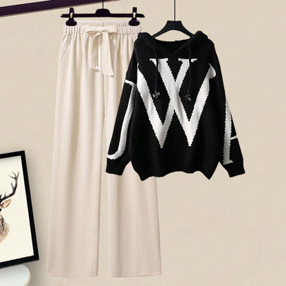 Women’s Two-Piece Set - Knit - Hooded Pullover - Geometric Pattern