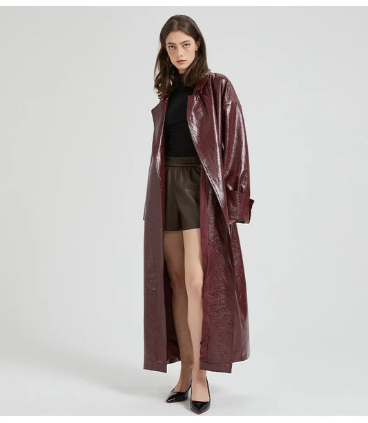 Glossy Vegan Leather Belted Slim Trench Coat 