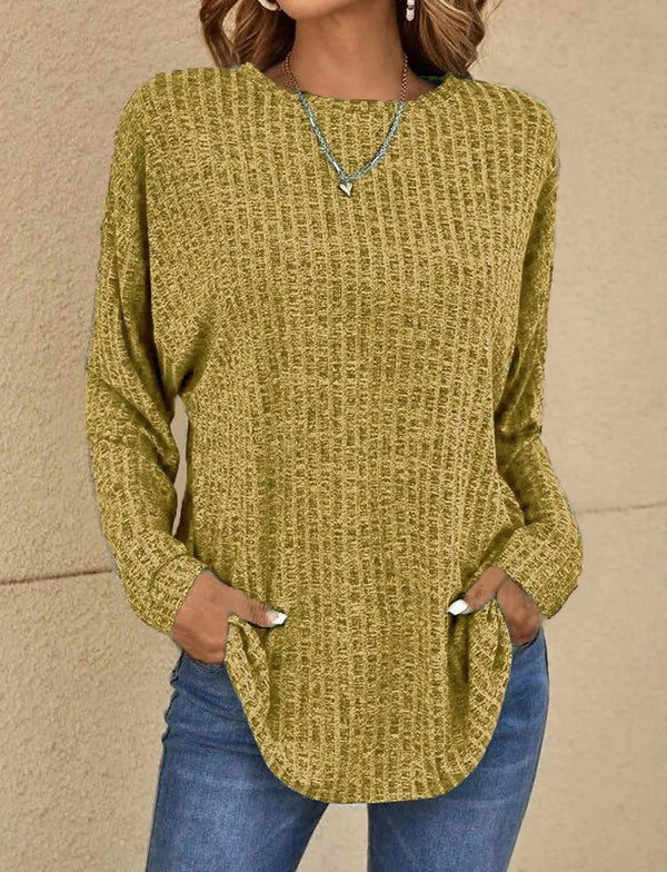 Ribbed Knit Relaxed Fit Long Sleeve Top 