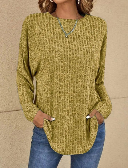 Women’s Long Sleeve Top – Relaxed Fit – Ribbed Knit – Round Neck – Hip Length Casual Wear