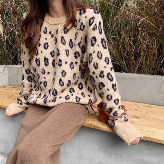 Oversized Leopard Print Wool Knit Sweater 