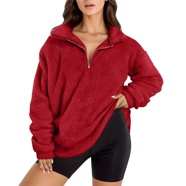 Women’s Fleece Pullover – Oversized Fit – Half Zip – Long Sleeve – Stand Collar