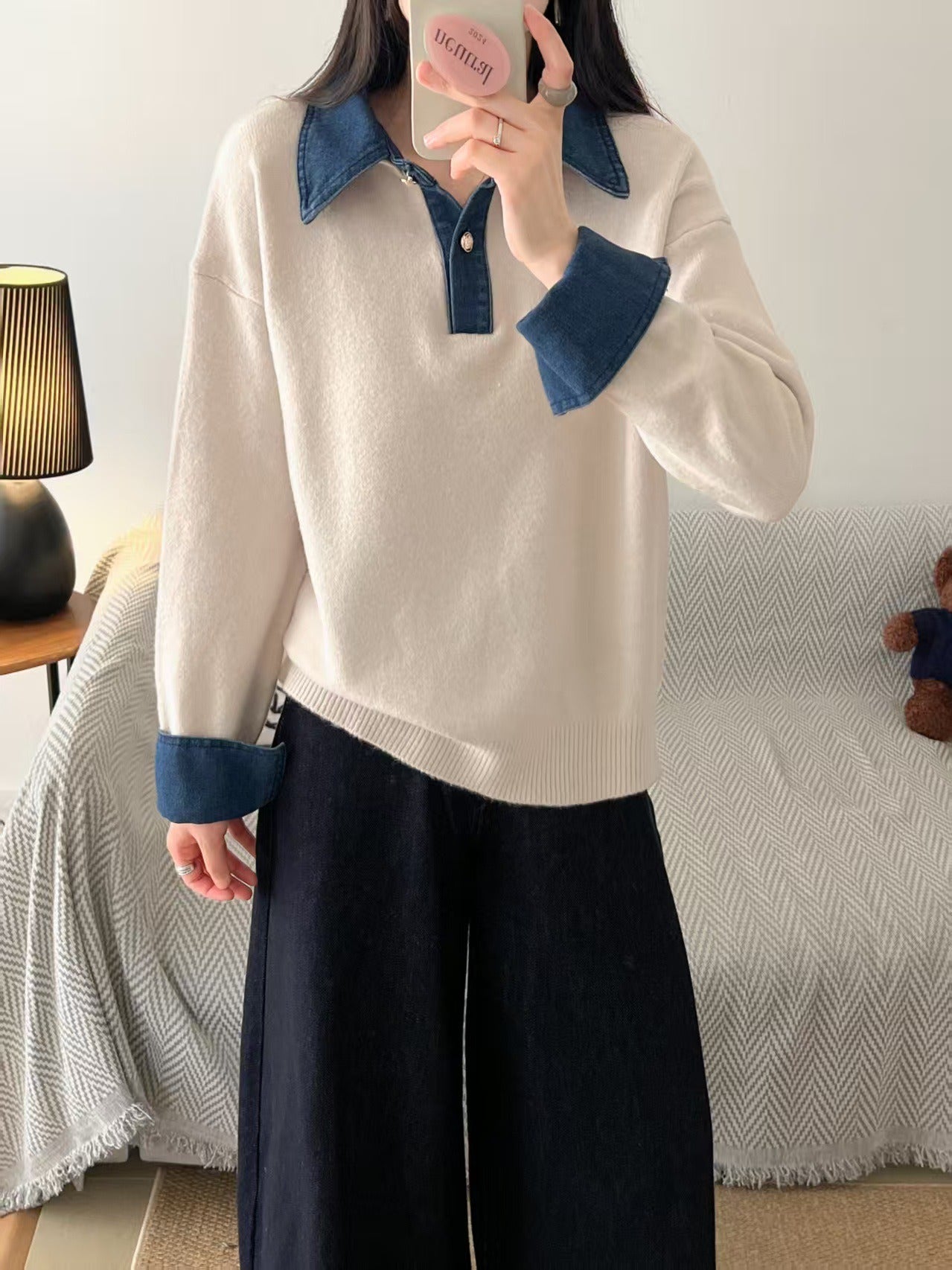 Wool Relaxed Fit Denim Collar Sweater