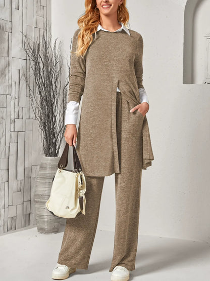 Women’s Two Piece Suit – Soft Knit – Long Slit Top – Relaxed Straight Leg Trousers