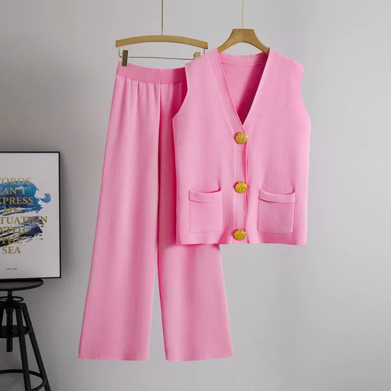Knitted Wide-Leg Two-Piece Set With Pockets 