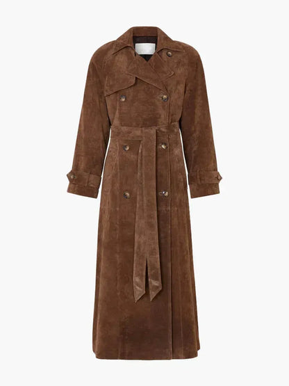 Women’s Trench Coat – Tailored Fit – Suede-Like Texture – Full Length – Belted – Double-Breasted