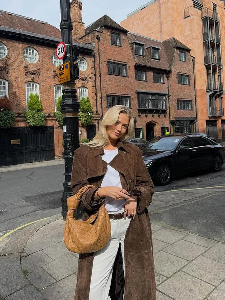 Tailored Suede-Like Belted Trench Coat 