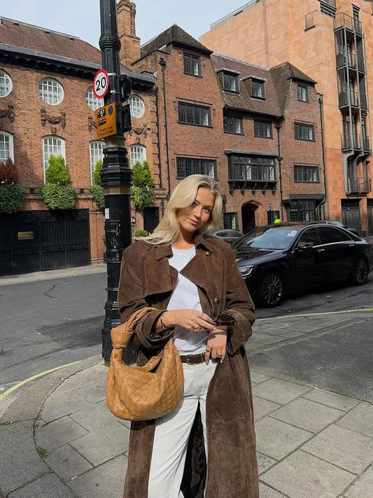 Tailored Suede-Like Belted Trench Coat 
