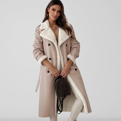 Women’s Coat – Faux Suede – Shearling Lined – Belted – Double-Breasted Long Fit