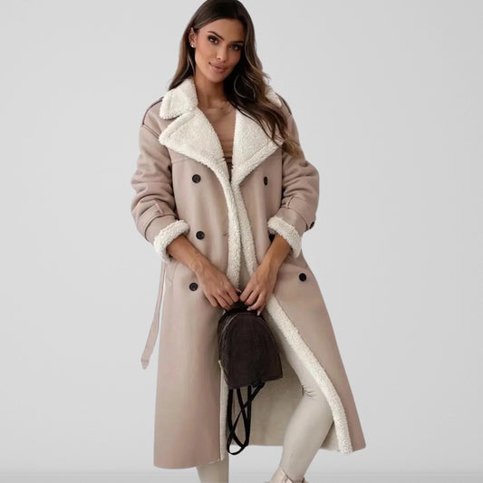 Shearling Lined Belted Faux Suede Coat 