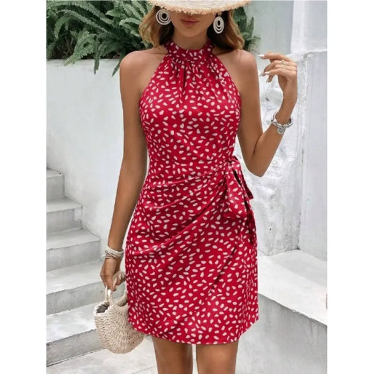Pleated Wrap Slim Fit Halter Short Dress 