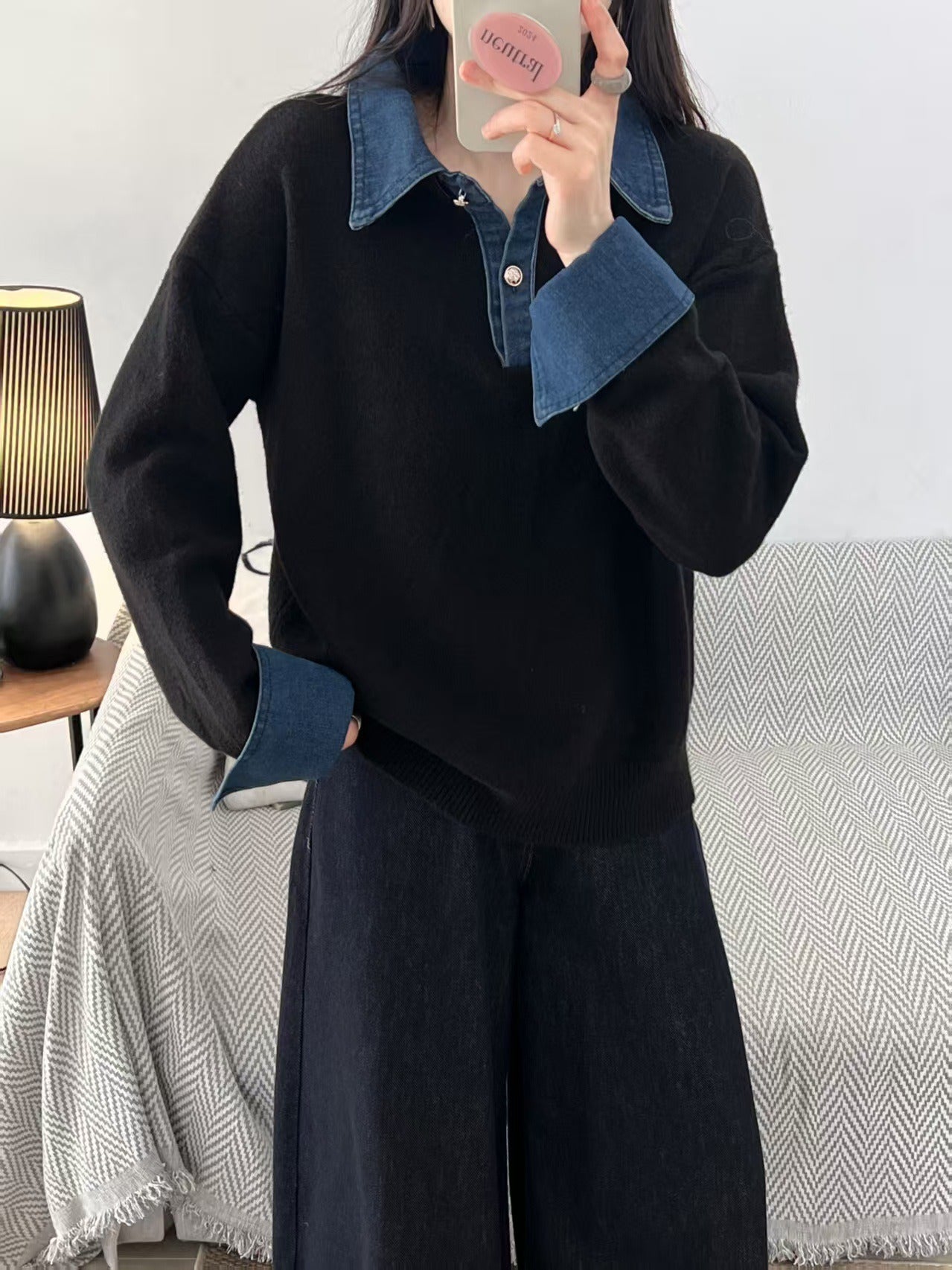 Wool Relaxed Fit Denim Collar Sweater