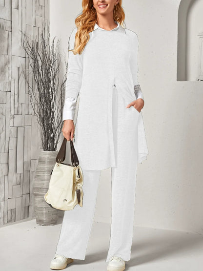 Women’s Two Piece Suit – Soft Knit – Long Slit Top – Relaxed Straight Leg Trousers