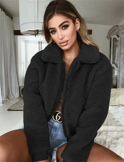 Women’s Cropped Jacket – Fleece Fabric – Relaxed Fit – Zip Front – Turn-Down Collar