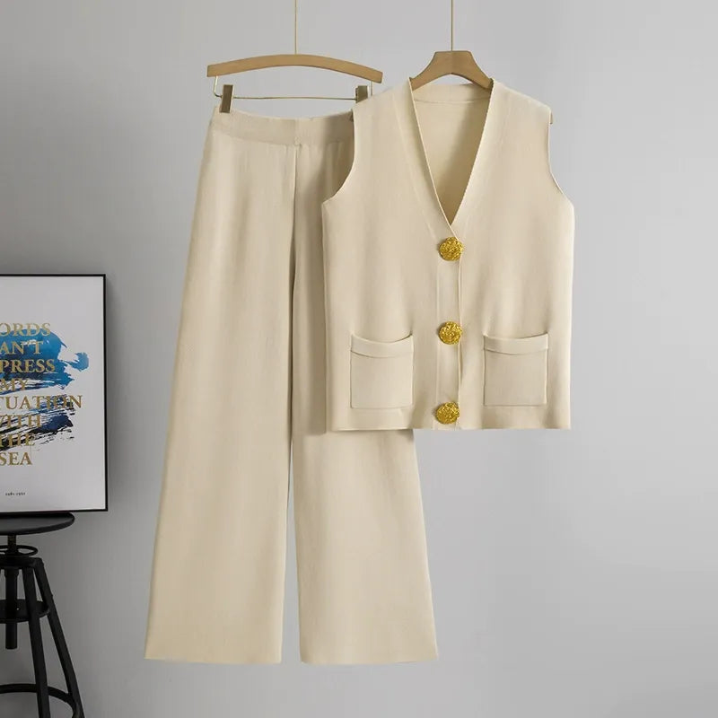 Knitted Wide-Leg Two-Piece Set With Pockets 