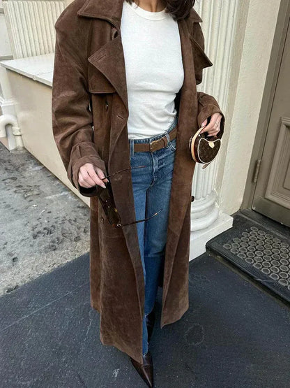 Women’s Trench Coat – Tailored Fit – Suede-Like Texture – Full Length – Belted – Double-Breasted