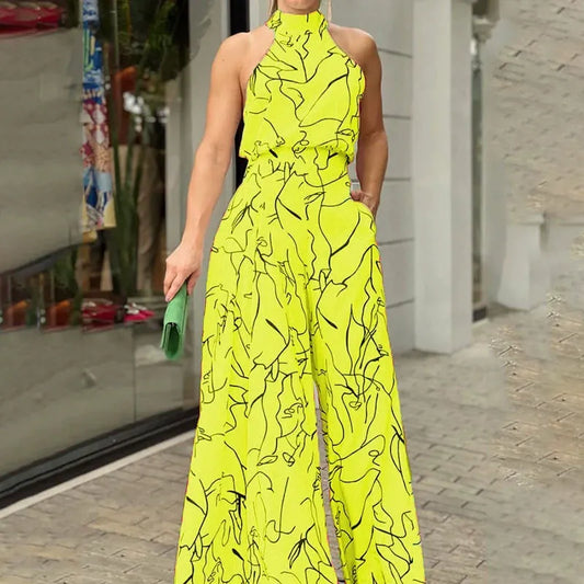 Breathable Abstract Print Halter Neck Jumpsuit 