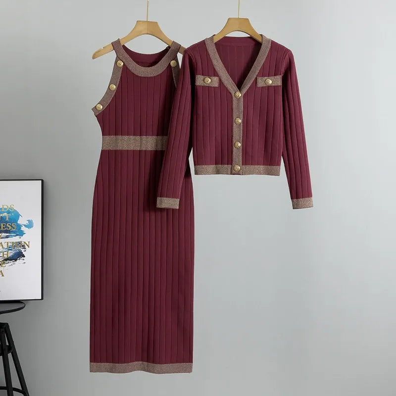 Metallic Trim Slim Fit Two-Piece Knit Set 