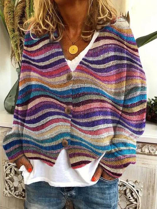 Wave Pattern Knitted Relaxed Fit Cardigan 