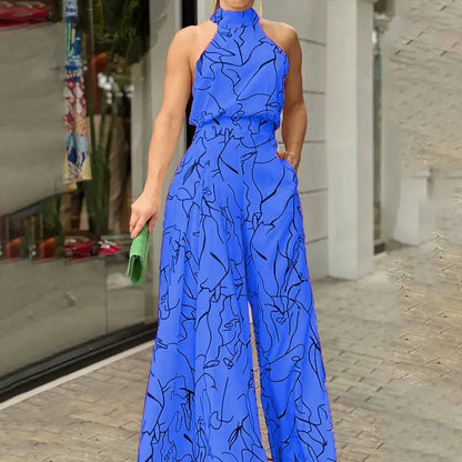 Women’s Jumpsuit – Halter Neck – Abstract Print – Wide Leg
