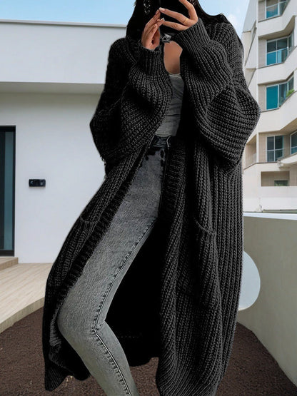 Women’s Cardigan – Chunky Knit – Oversized Fit – Maxi Length – Open Front with Pockets