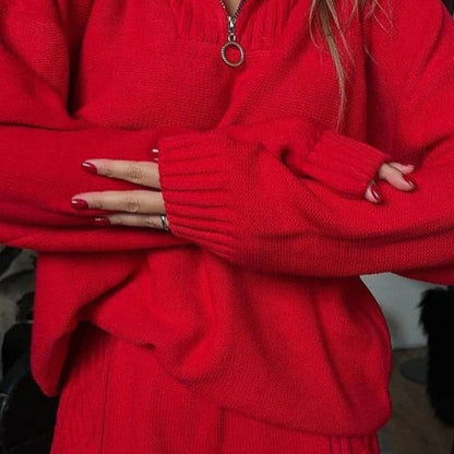 Women’s Two-Piece Loungewear Set – Soft Knit – Oversized Fit – Quarter-Zip Top – Ribbed Trim