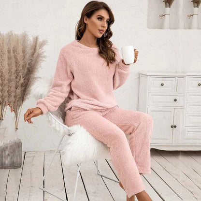 Women’s Two-Piece Loungewear Set – Fleece Texture – Relaxed Fit – Long Sleeve Top and Pants
