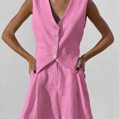 Women’s Sleeveless Blazer – Linnen – Relaxed Fit – Tailored V-Neck – Button Front