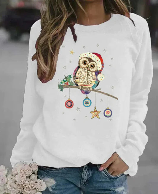 Festive Owl Print Relaxed Fit Sweatshirt 